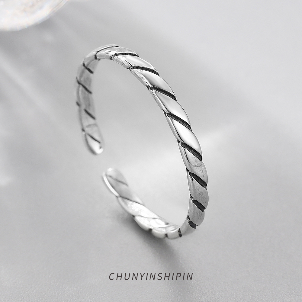 Personalized Vintage Twill Open Ring Tail Ring S925 Sterling Silver Korean Simple Ring Trendy Index Finger Ring Female