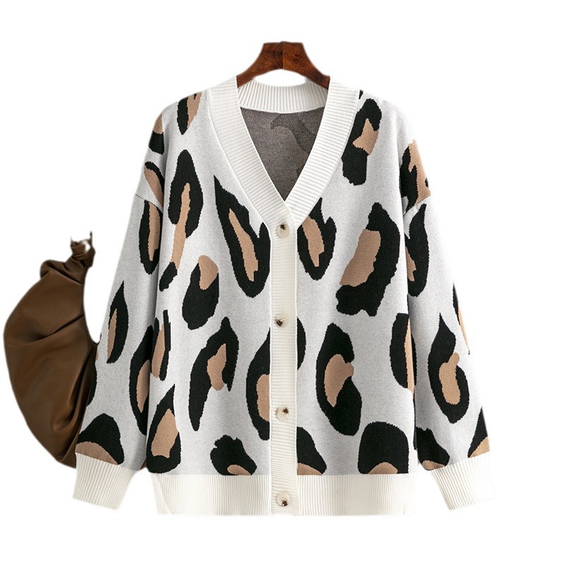 Leopard Knitted Women Cardigan Buttons Oversize