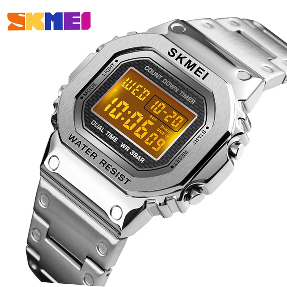 Skmei 1456 Men Digital Watch Stainless Steel Chronograph Countdown Wristwatch Shock LED Sprot Watch skmei montre homm