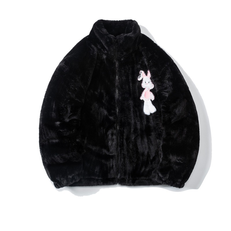 White rabbit embroidered flower cotton coat men winter imitation rabbit fur coat trendy plus velvet thickening loose