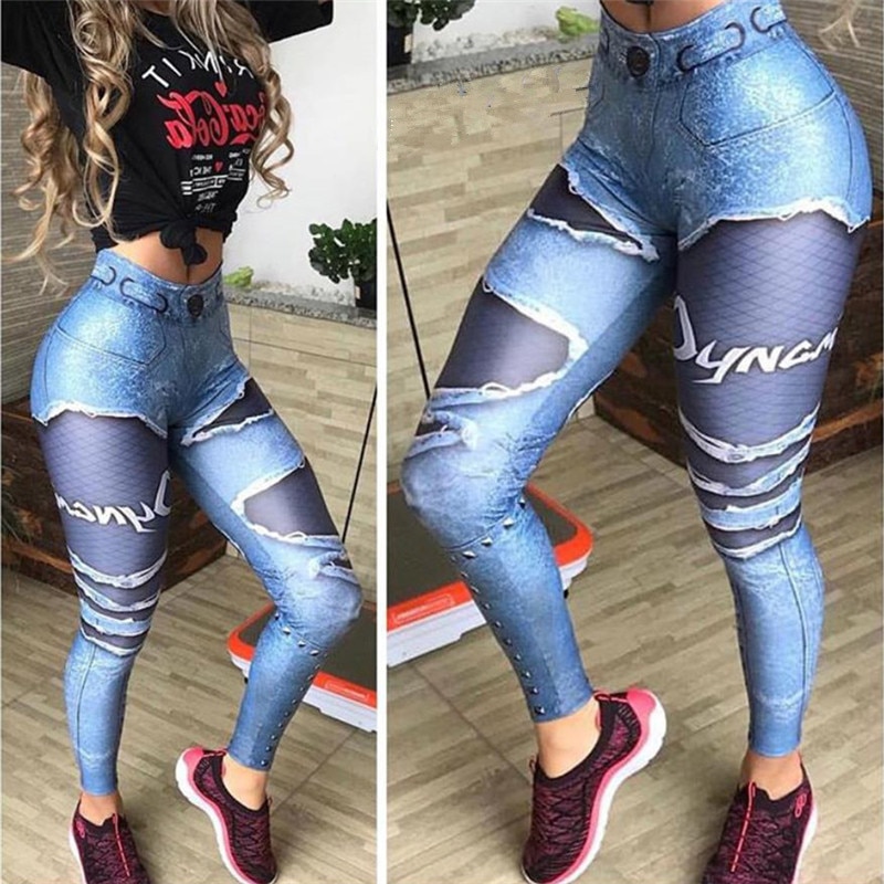Women 3D Printed Fake Denim Blue Mesh Leggings