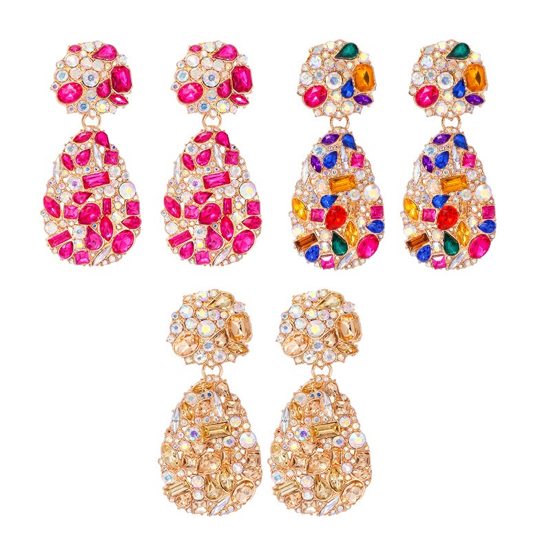 New Colorful Droplet Earrings Exaggerate the Style of Full Diamond Earstuds, European and American Jewelry, Street Leisure Earrings