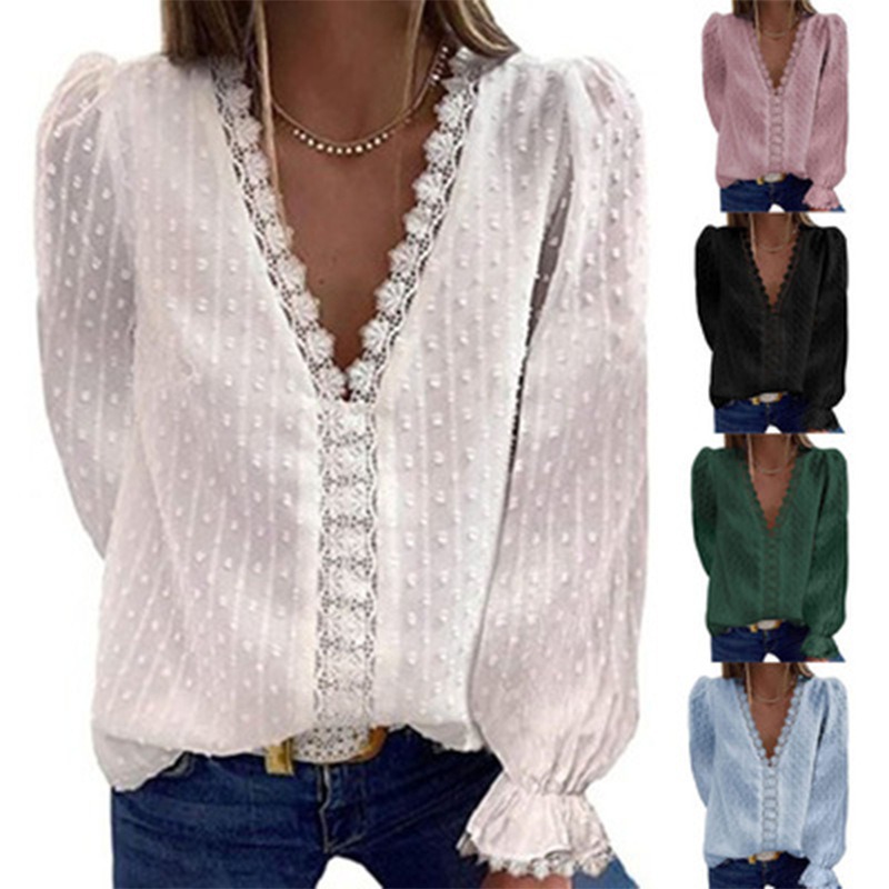 European and American Womens Solid Color V Neck Lace Embroidery Lace Long Sleeved Chiffon Shirt Solid Color Top for Women