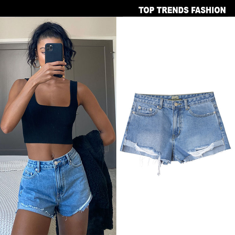 High Waist Thin Super Soft Ripped Denim Shorts Short Front And Long Back Spring And Summer Beach Holiday Style Women’s Clothing