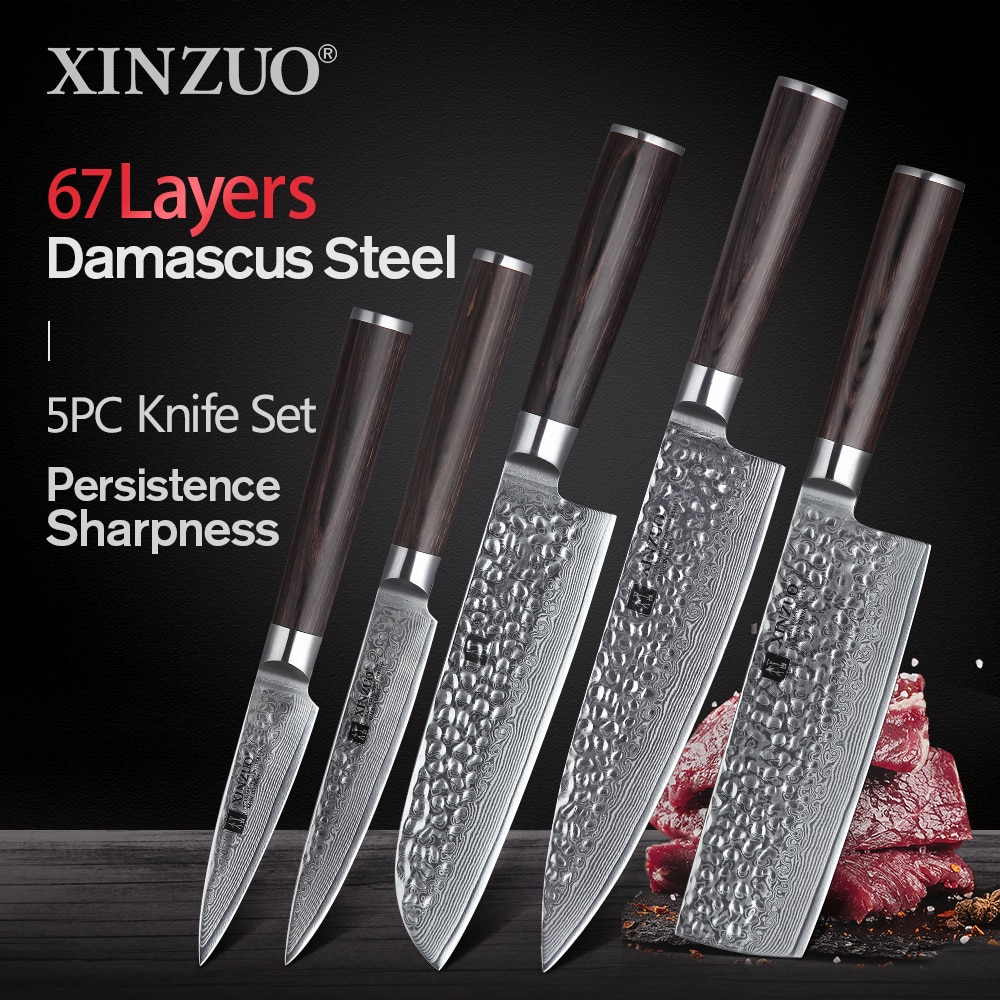 XINZUO 5 PCS Kitchen Knives Set VG10 Damascus Stainless Steel Sharp Chef Santoku Nakiri Slicing Paring Knife Pakkawood Handle