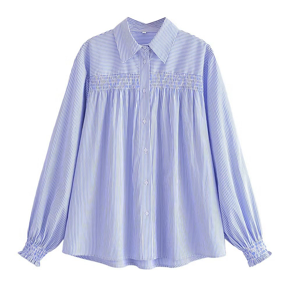 Autumn New Fashion Retro Style Lapel Single breasted Blue Stripe Loose Shirt Women