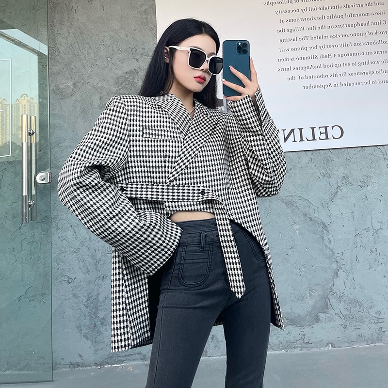 Plaid Blazers For Women Notched Colllar Long Sleeves