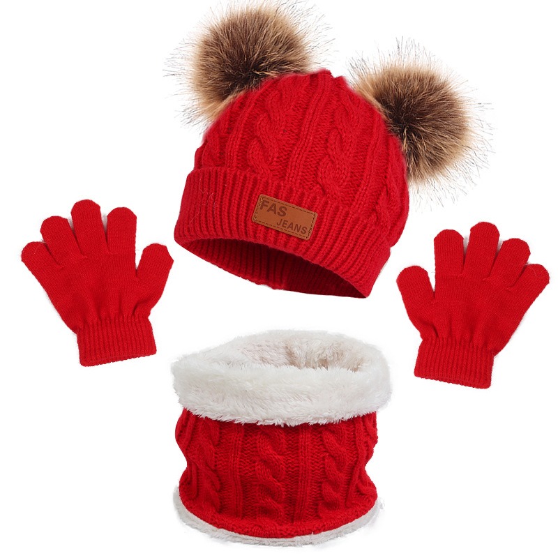 New Children’s Hat, Scarf, Glove, Three Piece Set, Autumn and Winter New Warm Double Ball Baby Hat