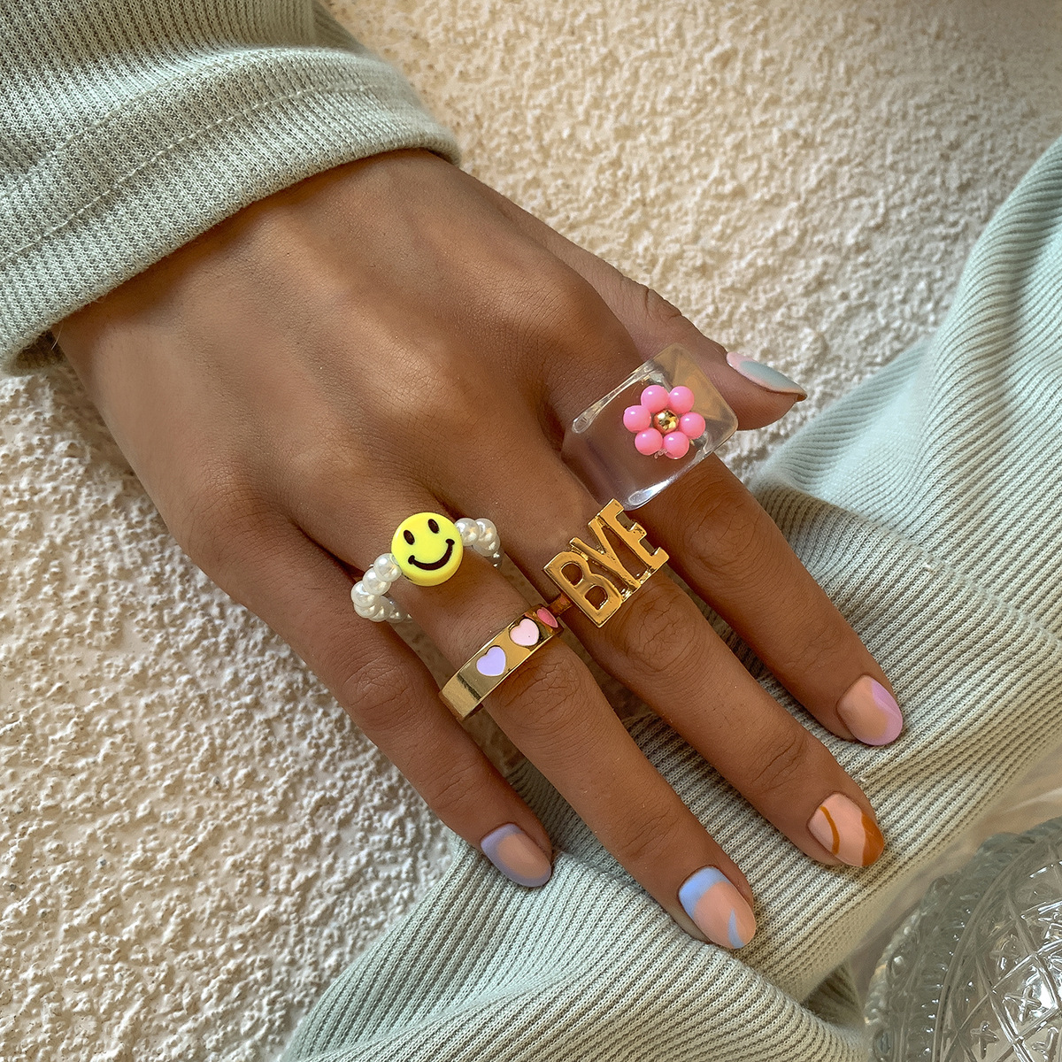 Ancient simple geometric transparent acrylic stacking ring Elastic adjustable smiley letter index finger ring