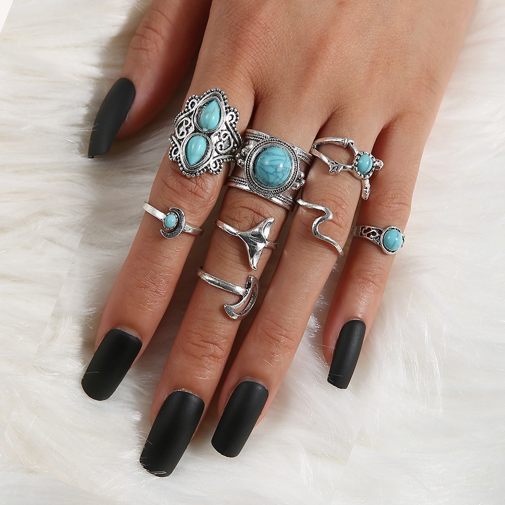 Fashion Diamond Set Turquoise Joint Ring Personality Crescent Fish Tail 8-Piece Combination Ring Female