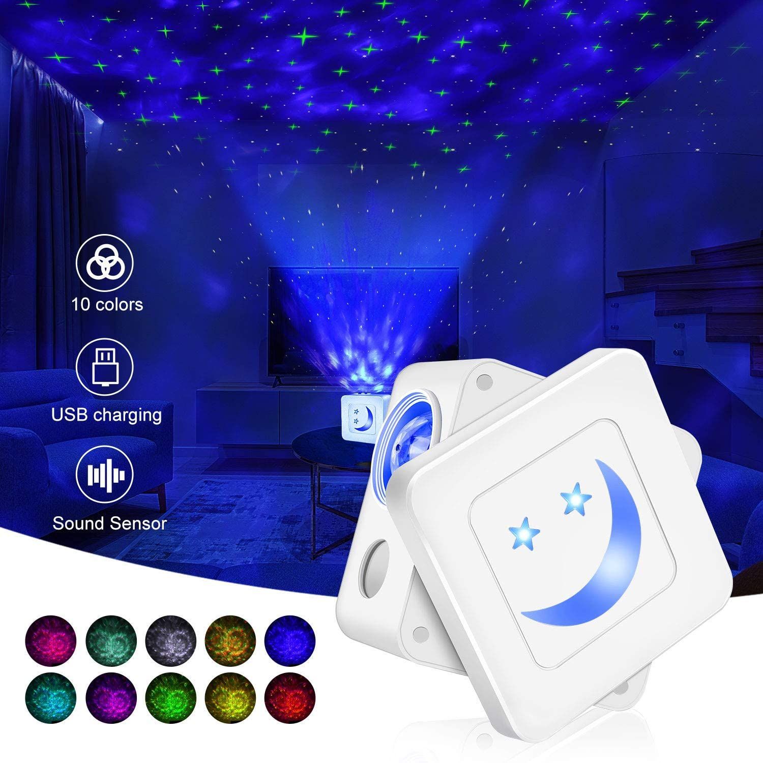 LED Starry Sky Projector Lamp USB Laser Starry Sky Sleep White Noise Night Light DIY Moon Water Pattern Light