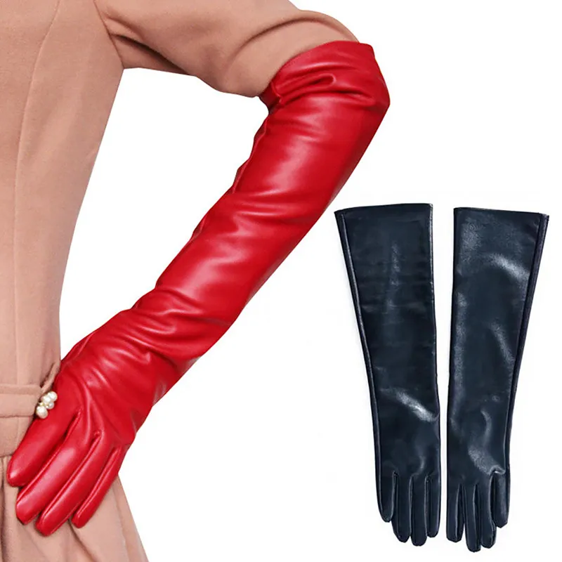 Fashion Women Faux PU Leather Long Gloves Full Fingers Winter Ladies Warm Elbow Gloves Outdoors Long Black Red Mittens Mittens