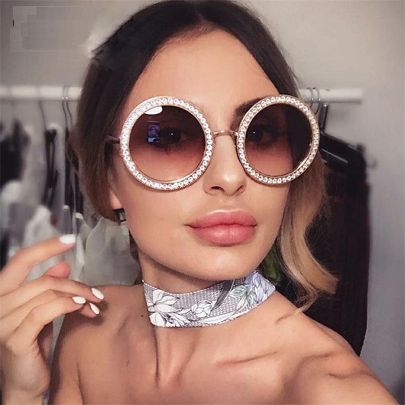 Rhinestone Round Sunglasses Fashion Women Luxury Brand White Crystal Sun Glasses Men Italy Brand Retro Sunglasses Big Shade