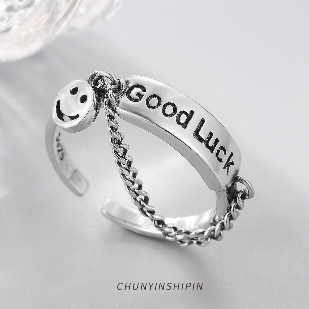 Simple Style Jewelry S925 Sterling Silver Letter Good Luck Open Ring Korean Smiling Face Ring Female