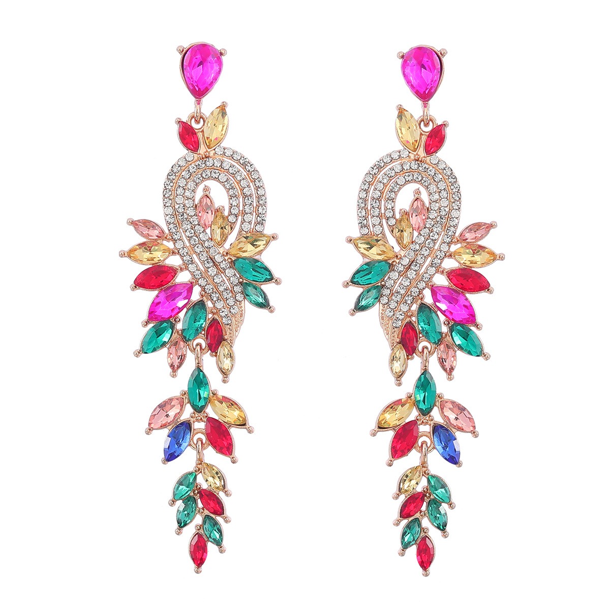 Fashionable Design Feeling Alloy Inlaid Diamond Geometric Leaf Color Diamond Earrings Female Earrings