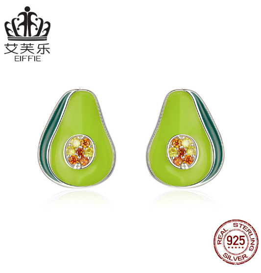 EIFFIE Hot Style Sterling Silver Avocado Earrings Zircon S925 Silver Oil Drop Earrings Personality Fashion Women’s Jewelry