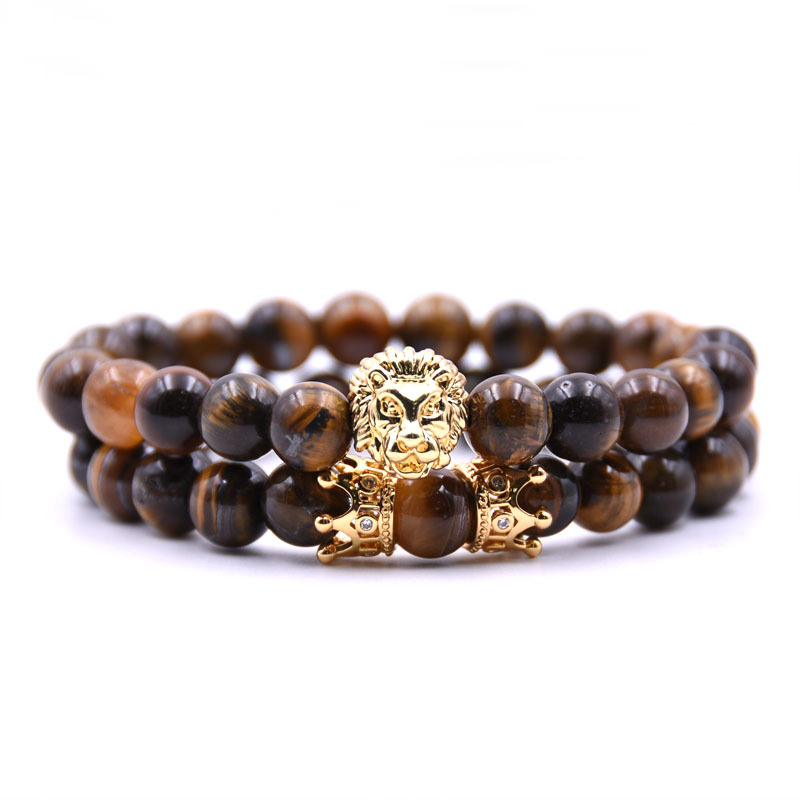 King Lion Bracelet Charm Crown Couple Braclet 5 kinds of Natural Stone Bead Braslet For Men Hand Jewelry Accessories
