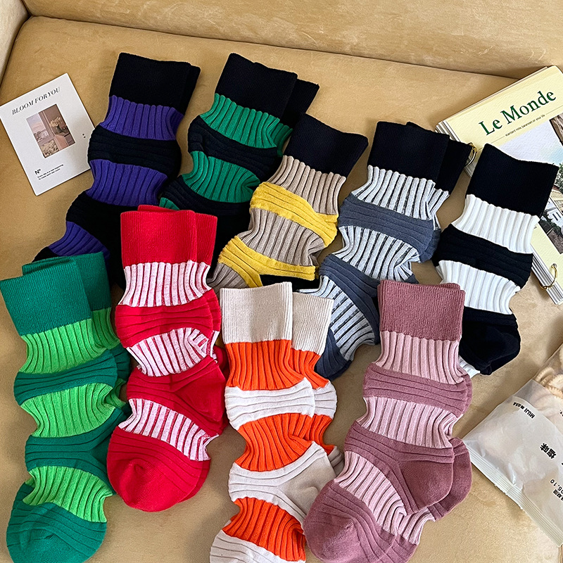 Pleated Mid-Tube Socks Women’s Contrast Color Lantern Socks Double Needle Trend Color Cotton Socks