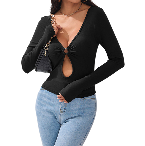Hollow sexy T-shirt versatile knit slimming and slim fitting inner top