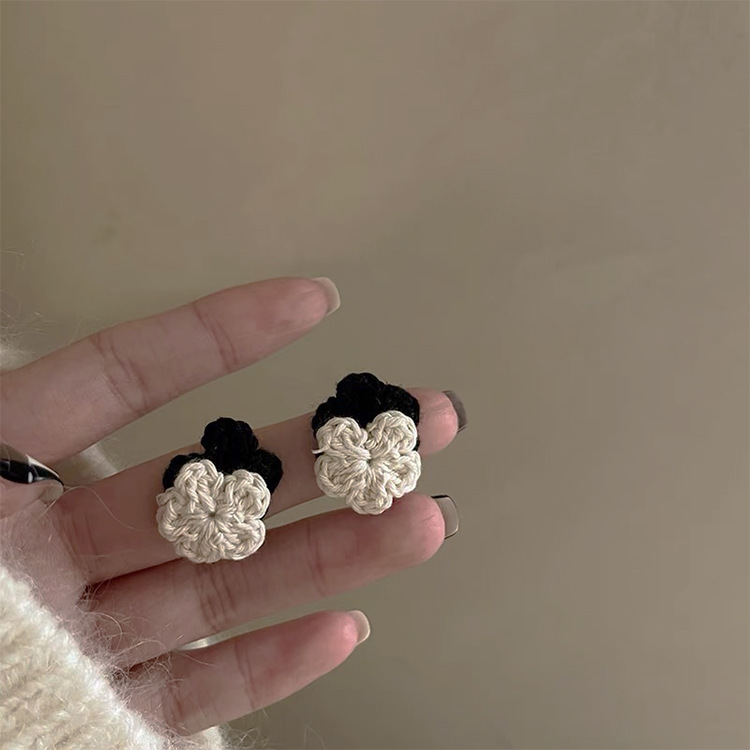 French retro black and white contrast color knitted flower earrings female niche personality all match temperament earrings