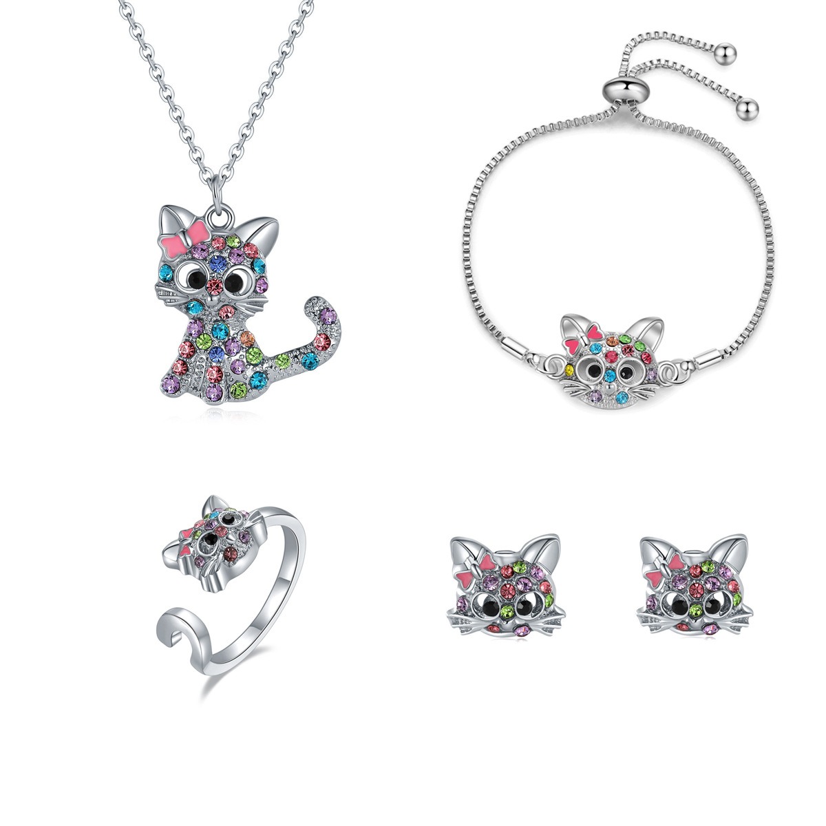 Hot selling diamond inlaid cat necklace bracelet earring ring children’s jewelry gift set of 4 pieces