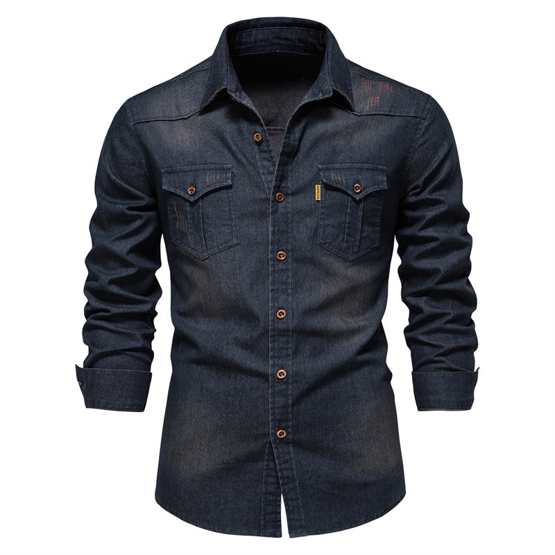 Trendy New US Size Denim Iron Free Shirt Men’s Casual Solid Color Iron Long Sleeve Shirt