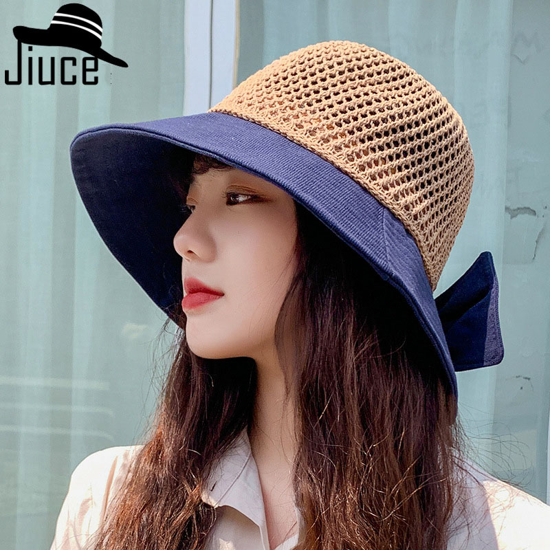 Knitted Top Stitching Fisherman Hat Women’s Korean Color Matching Bow Sun Hat All-Match Pot Hat