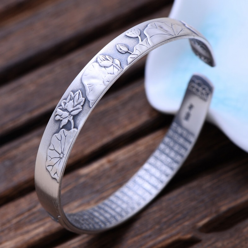 Real Pure 999 Sterling Silver Mantra Cuff Bracelet For Women And Men Carving Lotus Shifting Luck Buddhist Jewelry
