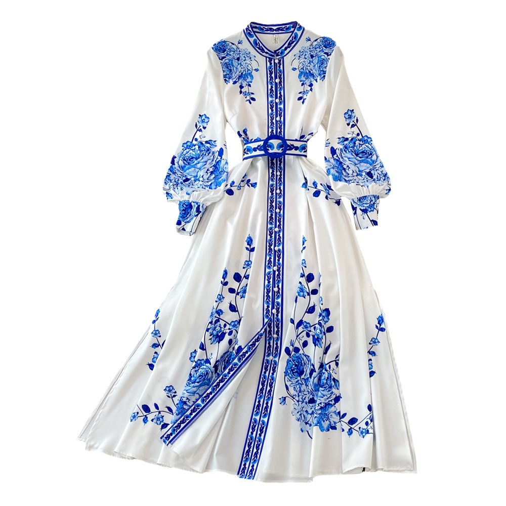 Blue and white porcelain printed standing collar single breasted formal dress with large hem long skirt