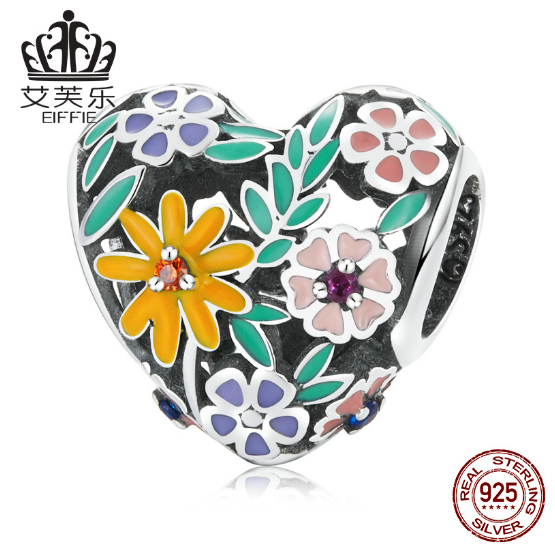 Avelle S925 Sterling Silver Flower Love Beaded Bracelet Color Drop Oil Zircon Heart-Shaped Plant Bead Accessories