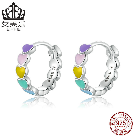 EIFFIE Original Sterling Silver Heart-Shaped Rainbow Stud Earrings Simple Earrings S925 Temperament Earrings