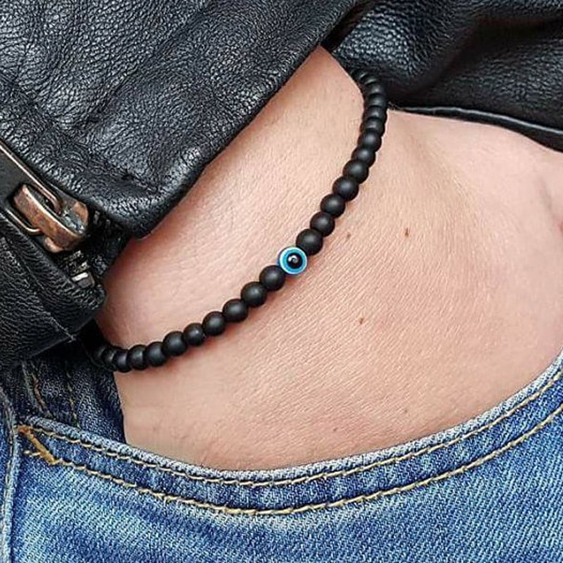 Turkish Evil Eyes Bracelet Black Natural Stone Beads Obsidian Men Braslet For Male Yoga Hand Jewelry Accessories