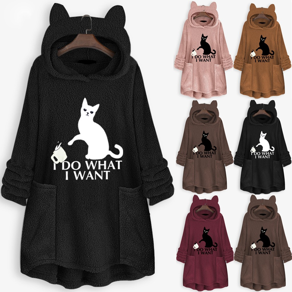 Womail Hoodie Sweatshirt Womens winter Fleece Cat