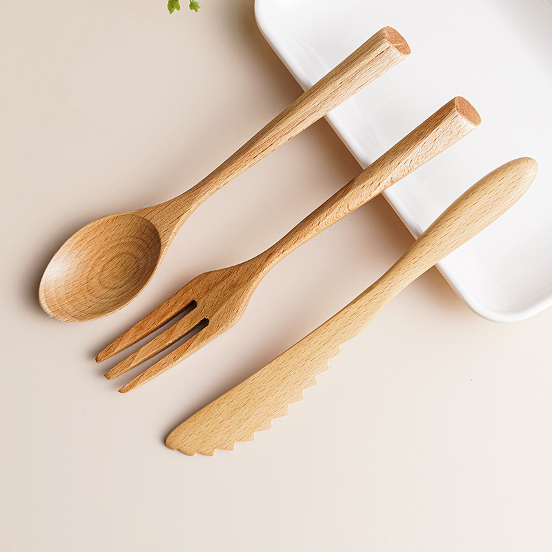 Creative Wooden Tableware, Beech Wood Knife, Fork, Spoon, Three Piece Set Of Solid Wood Natural Color Small Wooden Knife Set
