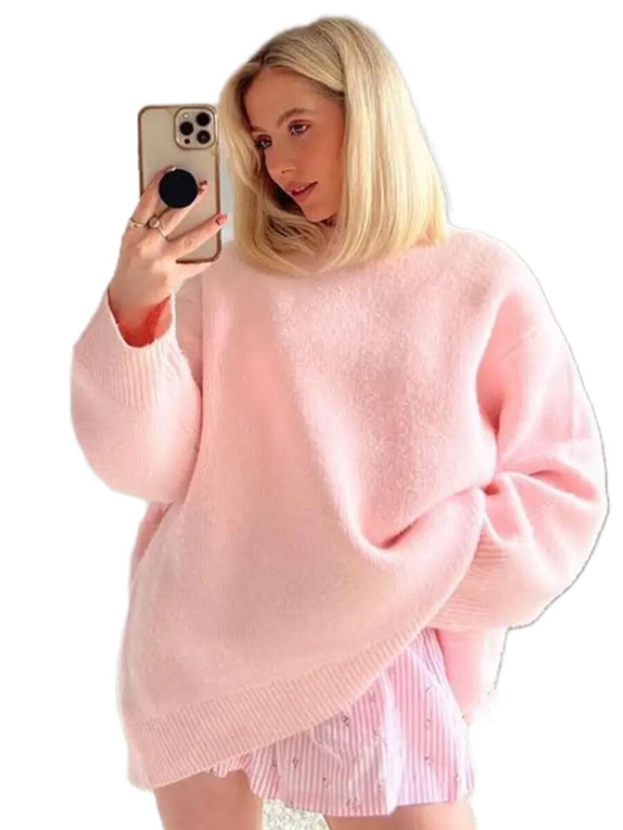 Autumn and winter hot selling round neck Barbie pink loose casual pullover long-sleeved sweater