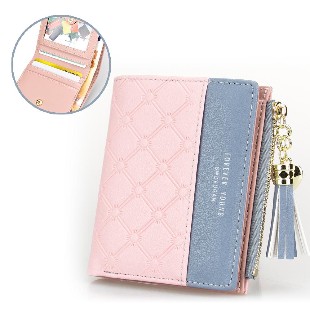 Tassel Zipper Purse Pink Woman’s Wallet Double Color Leather Wallets for Euro Card Holder Money Bag