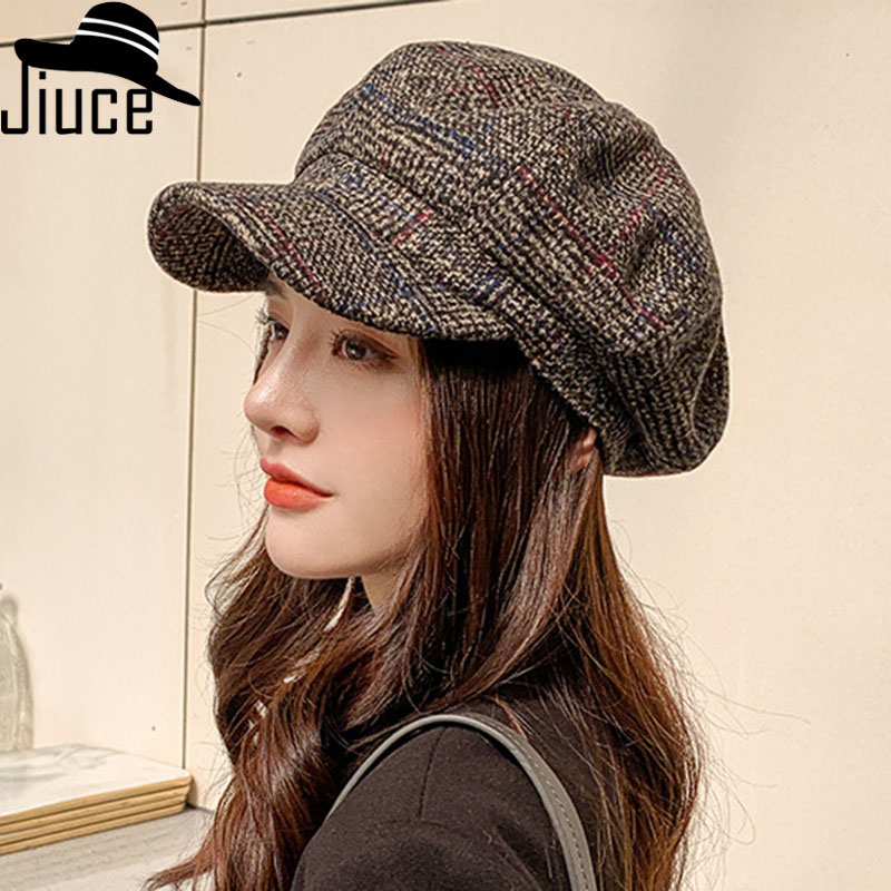 Thickened Plaid Woolen Octagonal Hat Women’s Fashion Casual Beret Ear Protector Warm British Painter Hat