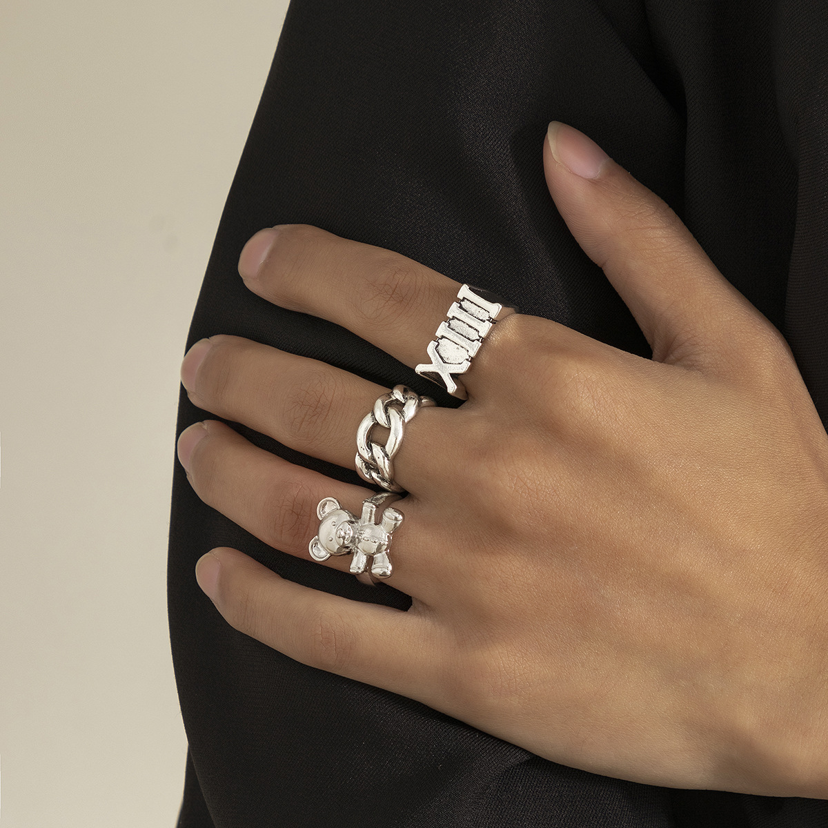 Jewelry Creative Bear Metal Geometric Ring Set Retro Roman Numerals Simple Hand Jewelry for Men