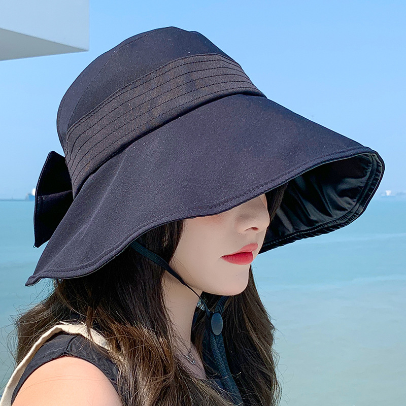 Walking Small Black Umbrella Black Glue Fisherman Hat Anti-Ultraviolet Large Edge Empty Top Hat Female Korean Version Of The Bow Hat