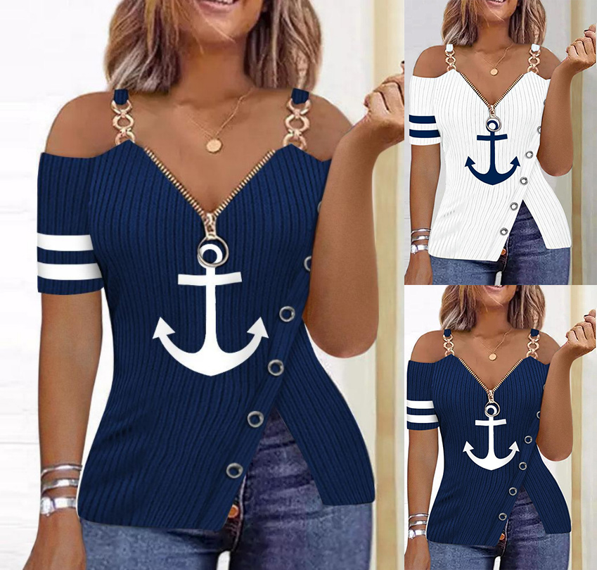 Womens European and American Metal Chain Zipper V Neck Shirt With Ship Anchor Pattern Printed Zipper T Shirt