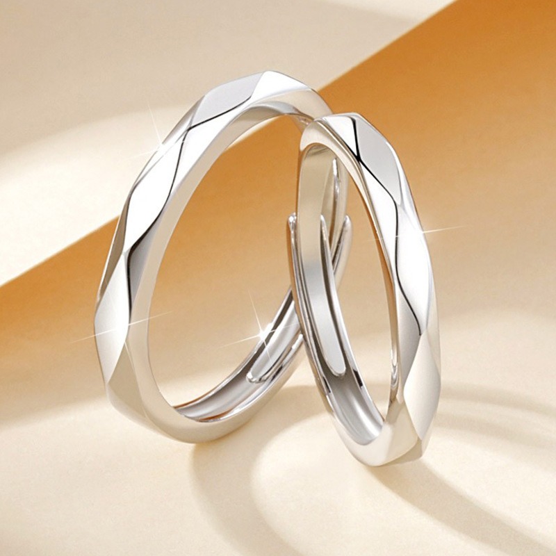 S925 Sterling Silver Dedication Couple Ring Pair Of Men And Women Simple Cut Face Ring Niche Design Sense Openings Can Be Adjusted