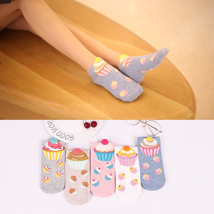 5 pairs Women cotton socks cupcake Short Ankle Socks Cute Kawaii Cream Fairy Patty Cake Sugar Milk Lovely Funny socks