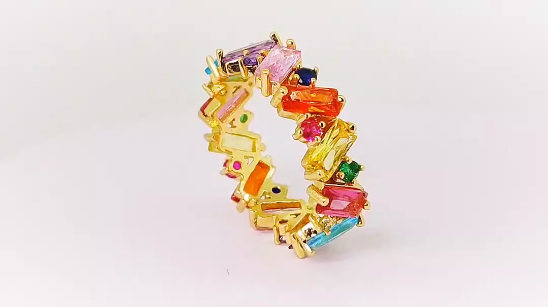 Diamond Geometry Zircon Ring, European and American Fashion Colored Zircon Rainbow Women’s Ring Ring