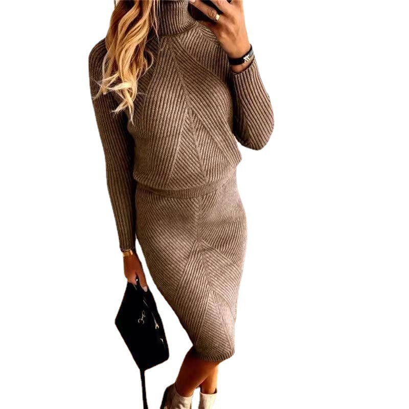 High necked knitted solid color pullover sweater set skirt