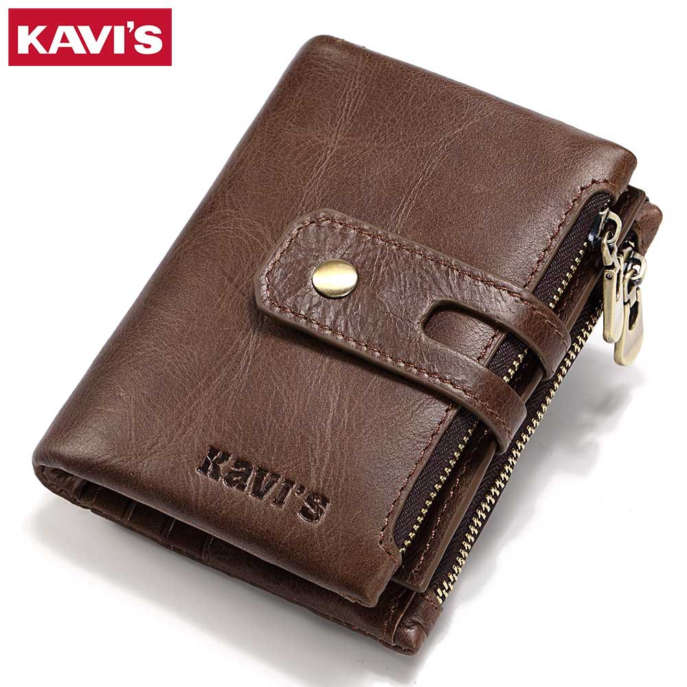 Leather Wallet KAVIS Fashion Short Men’s Wallet Double Zipper Large Capacity