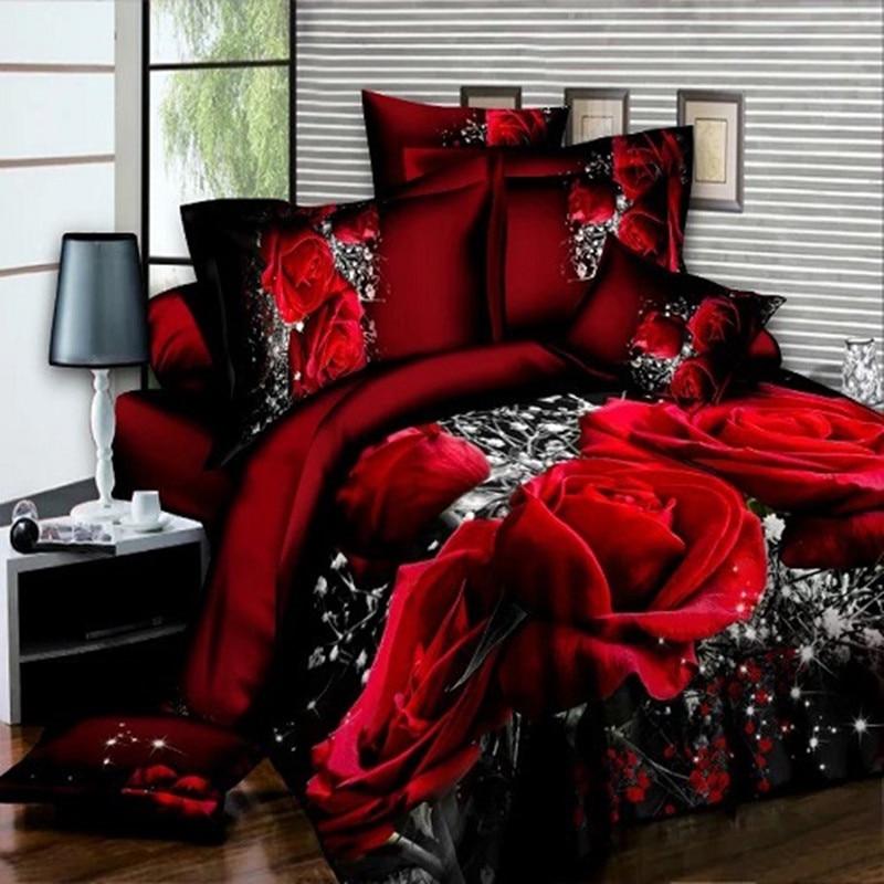 2/3Pcs Red Dream 3D Oil Painting Rose Printed Bedding Set Queen King Size Quilt Cover Bed Sheet Pillowcases