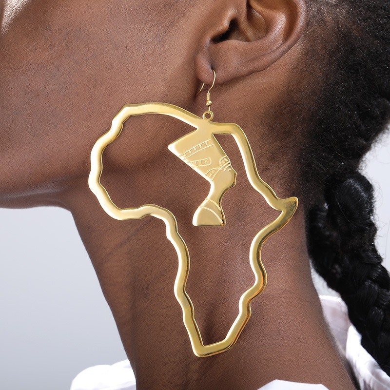 Gold Stainless Steel Egyptian Queen Set Hollow Portrait Design Earrings African Ethnic Jewelry