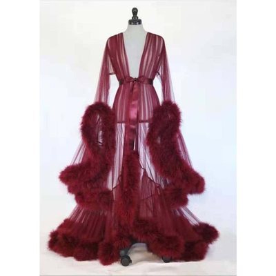 Sexy Lingerie Women’s Sexy Feather Trumpet Sleeve Trailing Long Skirt Imitation Rex Rabbit Fur Sexy Nightdress Perspective Temptation Suit