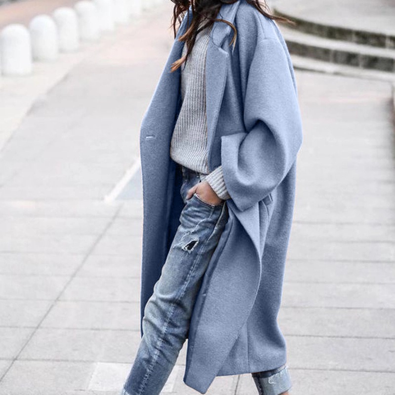 Winter women’s casual long solid color warm woolen jacket