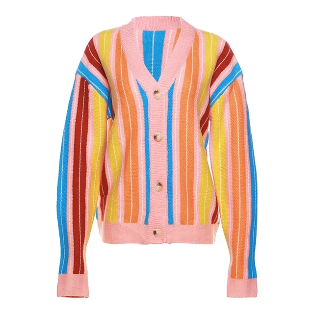Colorful Stripe Knitted Jacket Women Coat Tops